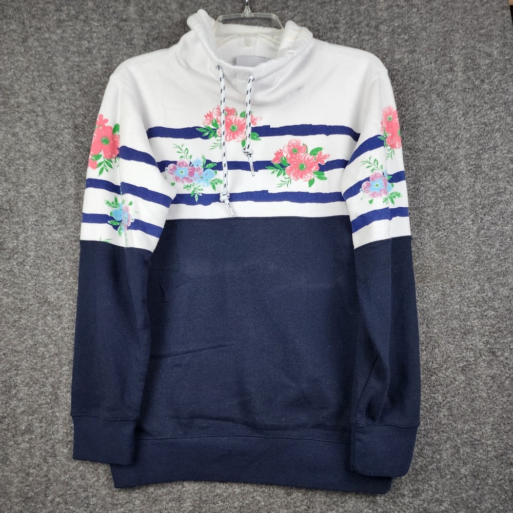 Country Store Funnel Neck Sweatshirt Womens S Navy White Floral Striped Pullover